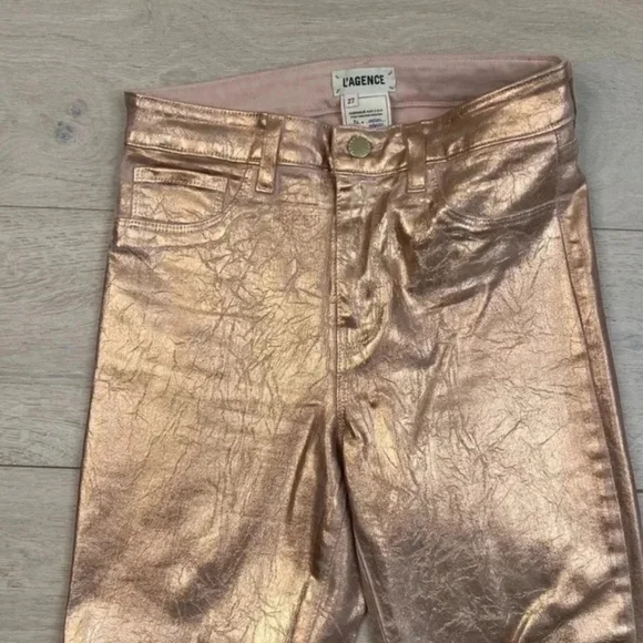 L'AGENCE Margot High Rise Skinny in Petal & Light Rose Gold Foil Sz 25 - Picture 9 of 12